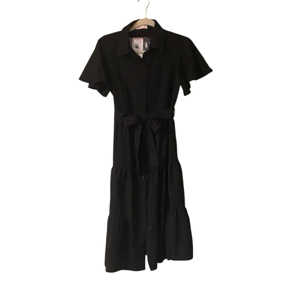 Kirundo Black Tired Bell Sleeved Button Down Tie Waist Dress Pockets Size S NWT